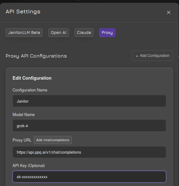 JanitorAI API Settings