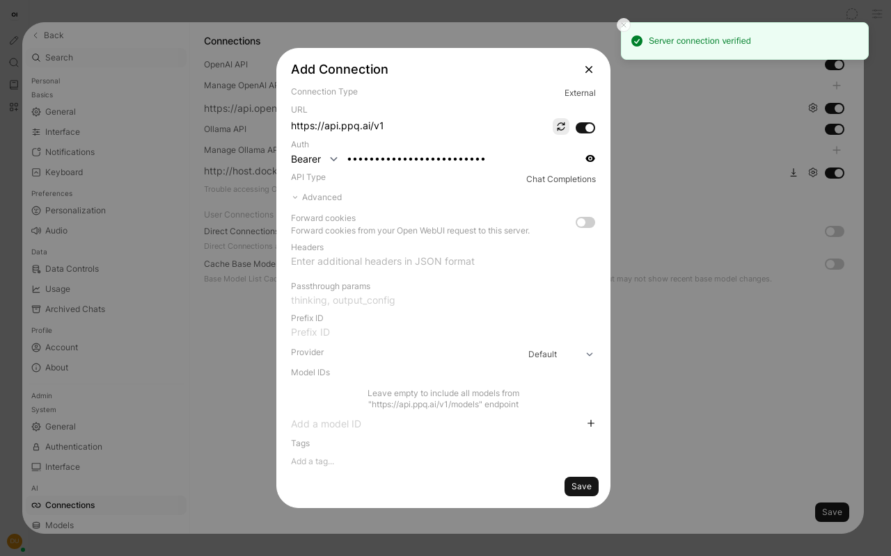 Add Connection window with the PayPerQ URL and the key masked