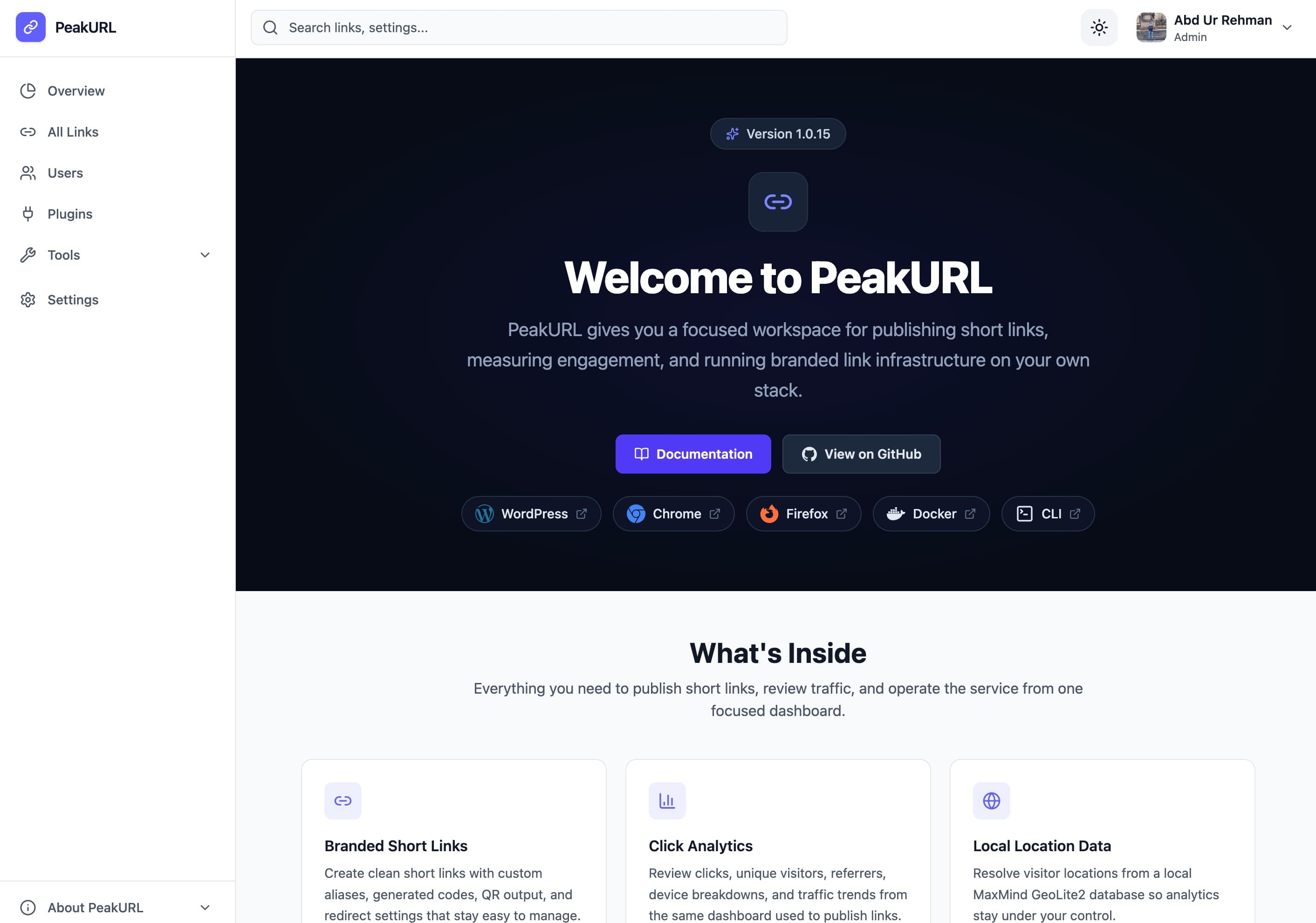 PeakURL dashboard screenshot