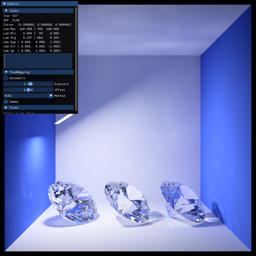 A scene containing diamonds rendered by Ignis with photonmapping