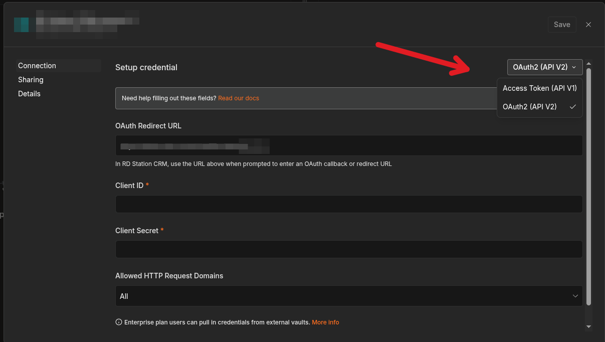Seleção de autenticação na credencial: Access Token (API V1) ou OAuth2 (API V2)
