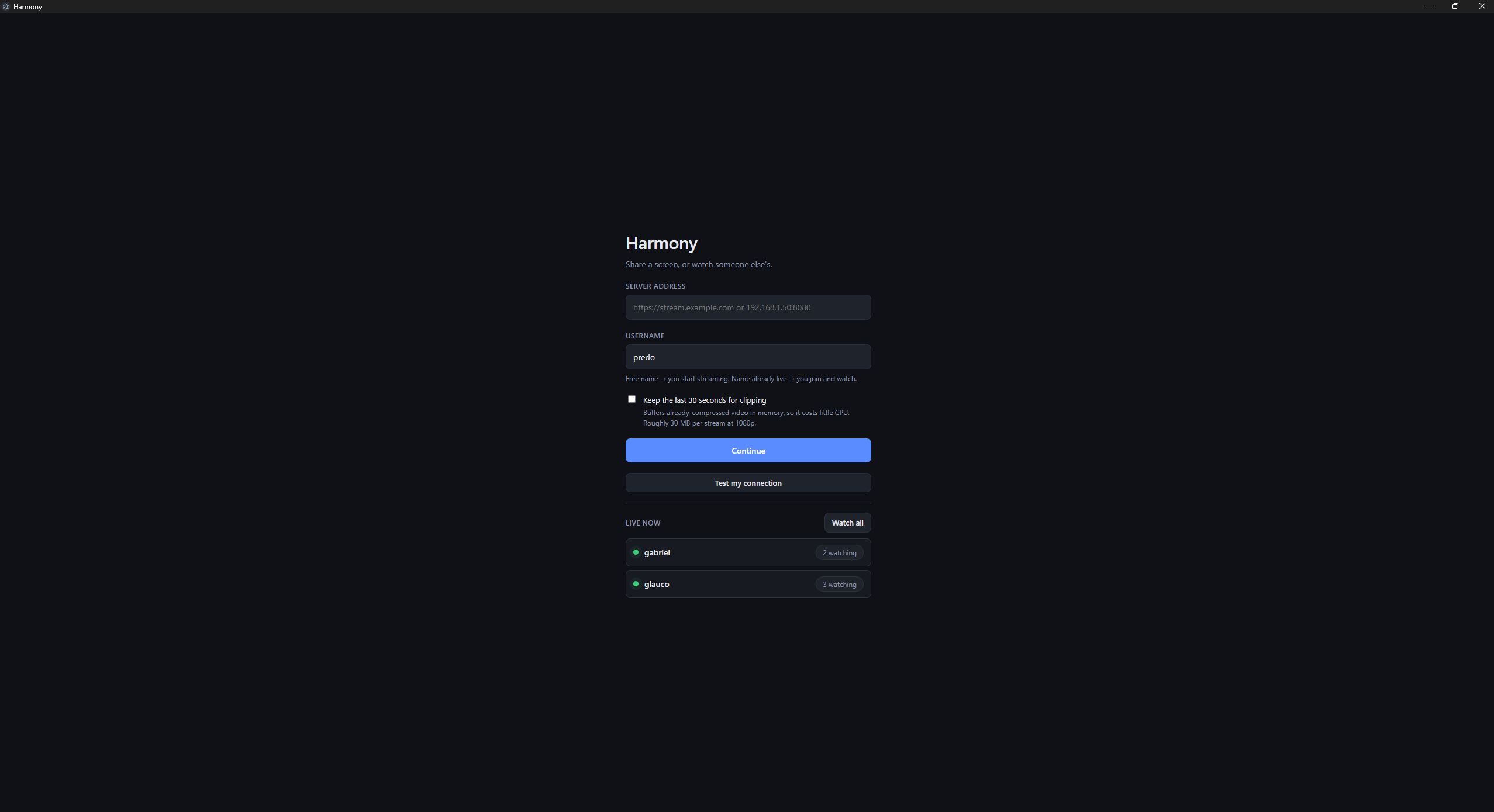 The connect screen: server address, username, a clipping toggle, and a list of who is live now