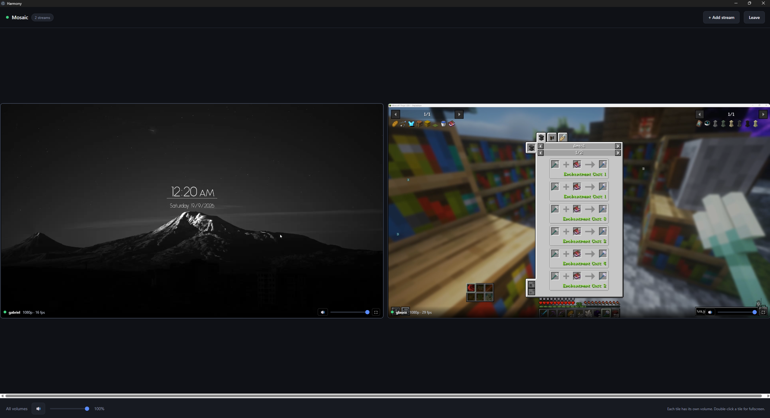 The mosaic: two live streams at once, each tile with its own volume slider and fullscreen button
