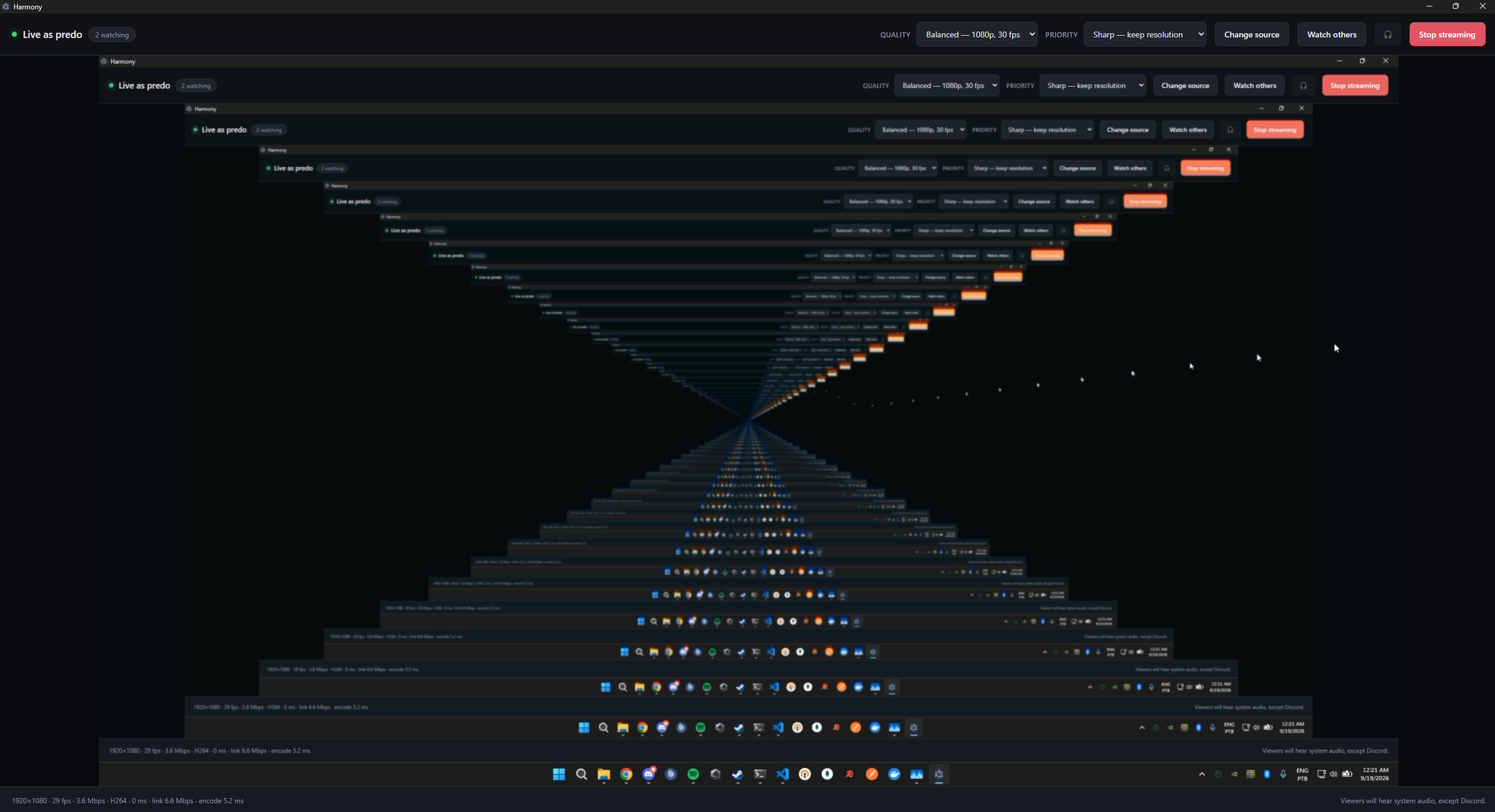 Broadcasting: live preview with a stats line showing resolution, frame rate, bitrate and encode time
