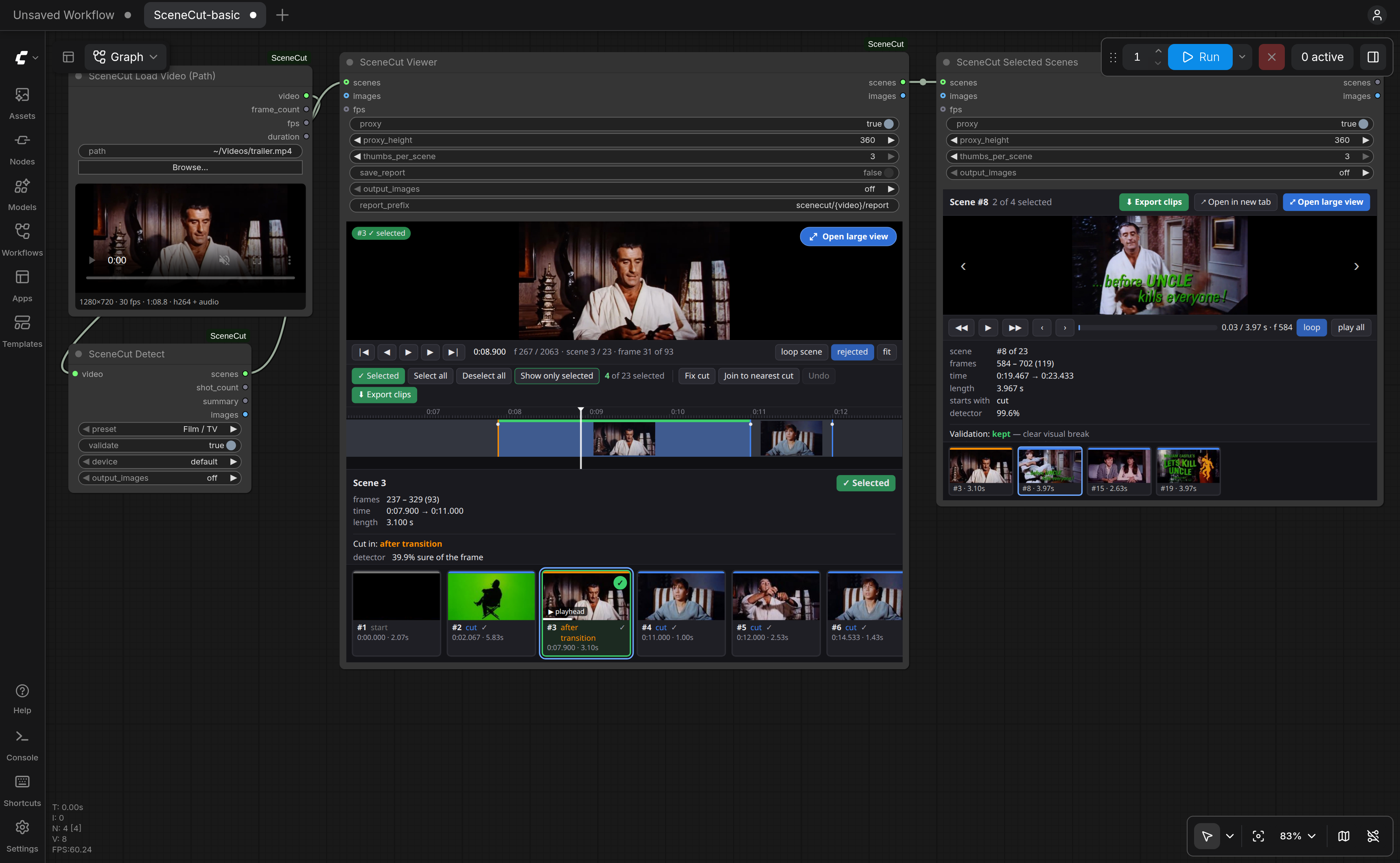 The basic workflow in ComfyUI after a run: Load Video with its preview, Detect, the Viewer and Selected Scenes