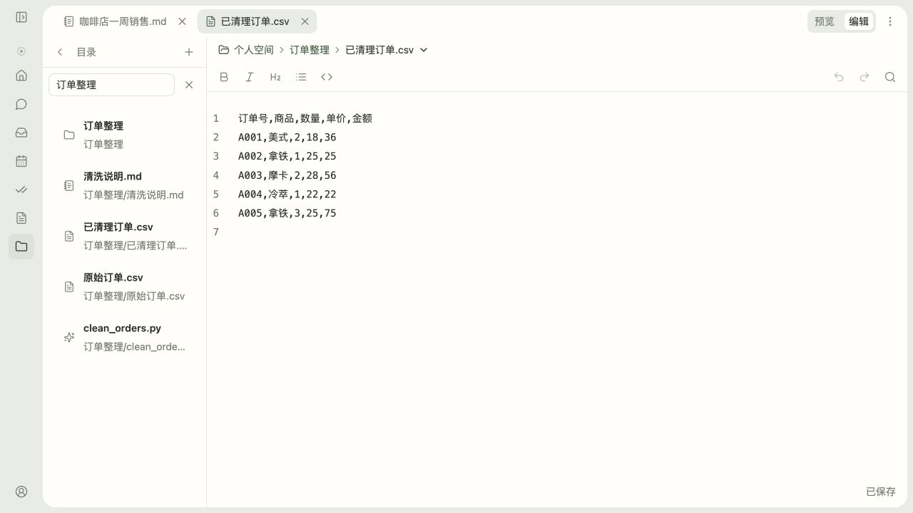 Bibo file browser with a saved cleaned order CSV open in the editor