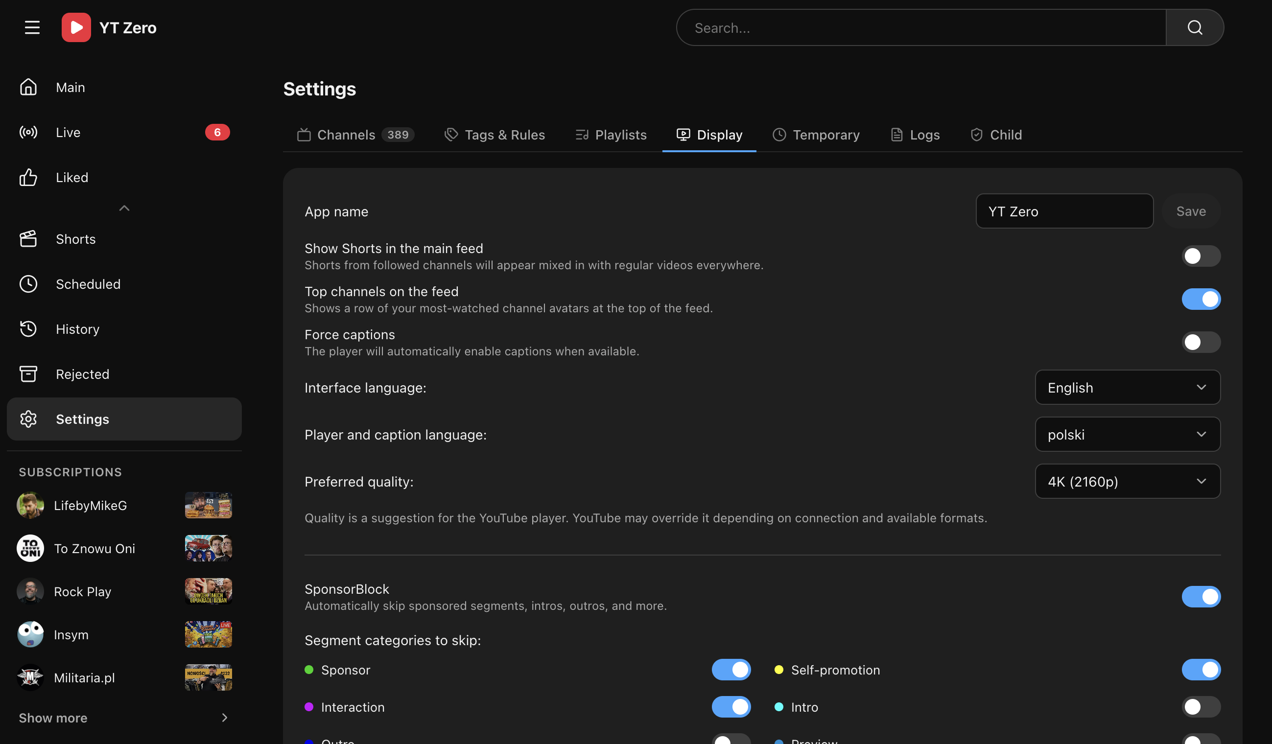 YT Zero display settings