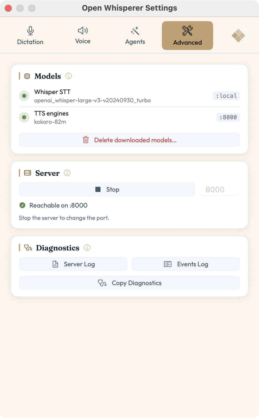 Settings — Advanced tab: model status, the local TTS server and port, logs and diagnostics