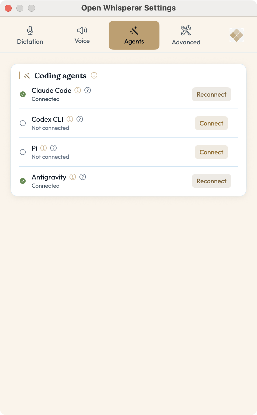 Settings — Agents tab: Claude Code, Codex CLI, Pi and Antigravity, each with its own connect button
