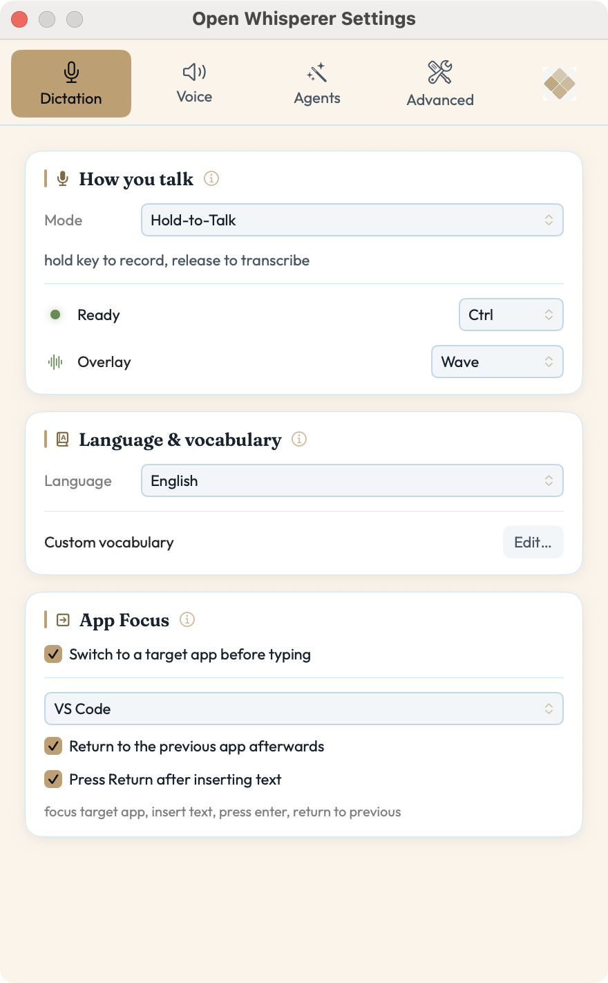Settings — Dictation tab: mode, trigger key, overlay style, language, custom vocabulary, App Focus