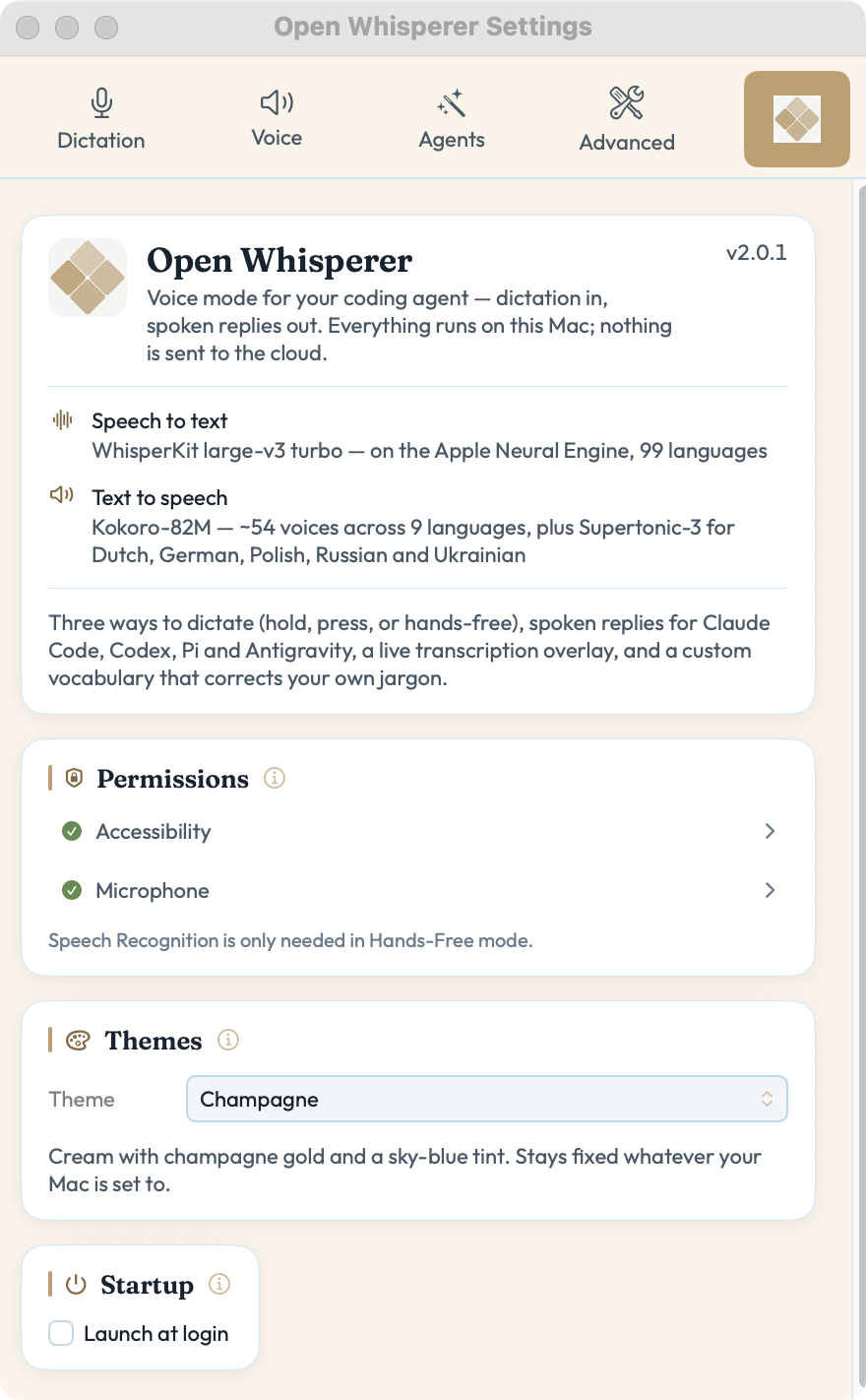 Settings — General tab: version, the speech engines in use, permissions and launch at login