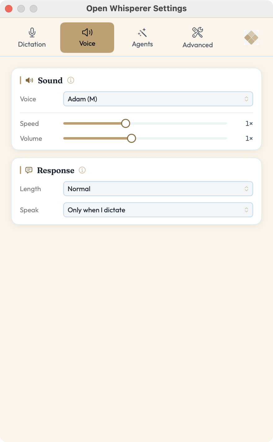 Settings — Voice tab: voice picker, speed and volume, spoken-reply length and when replies are spoken
