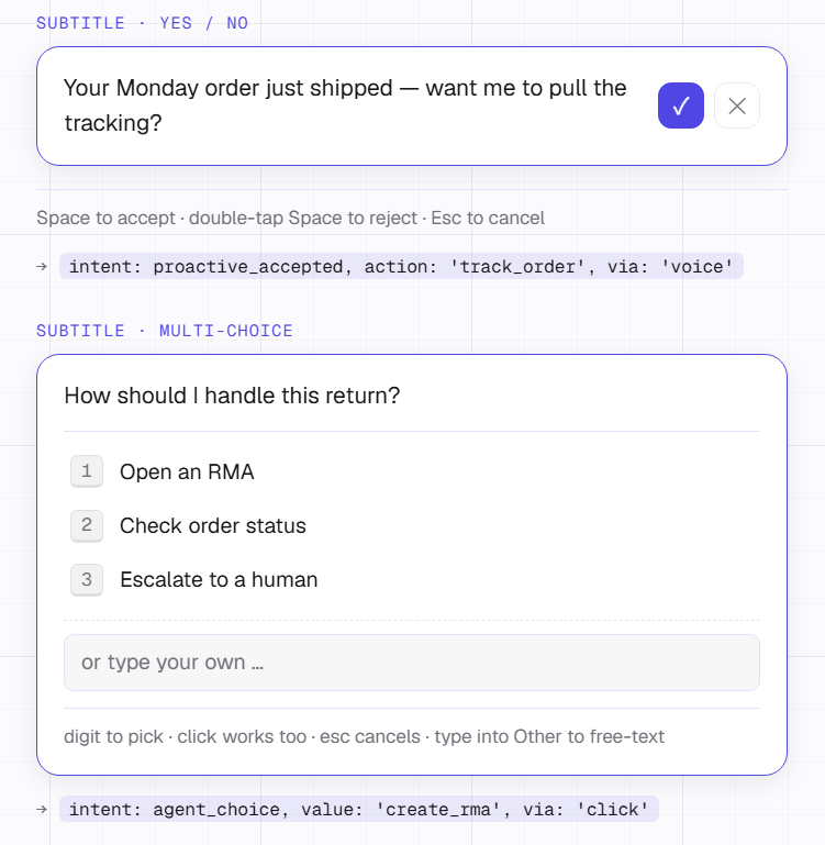 subtitle bar showing yes/no prompt 'Your Monday order just shipped — want me to pull the tracking?' and multi-choice 'How should I handle this return?' with options