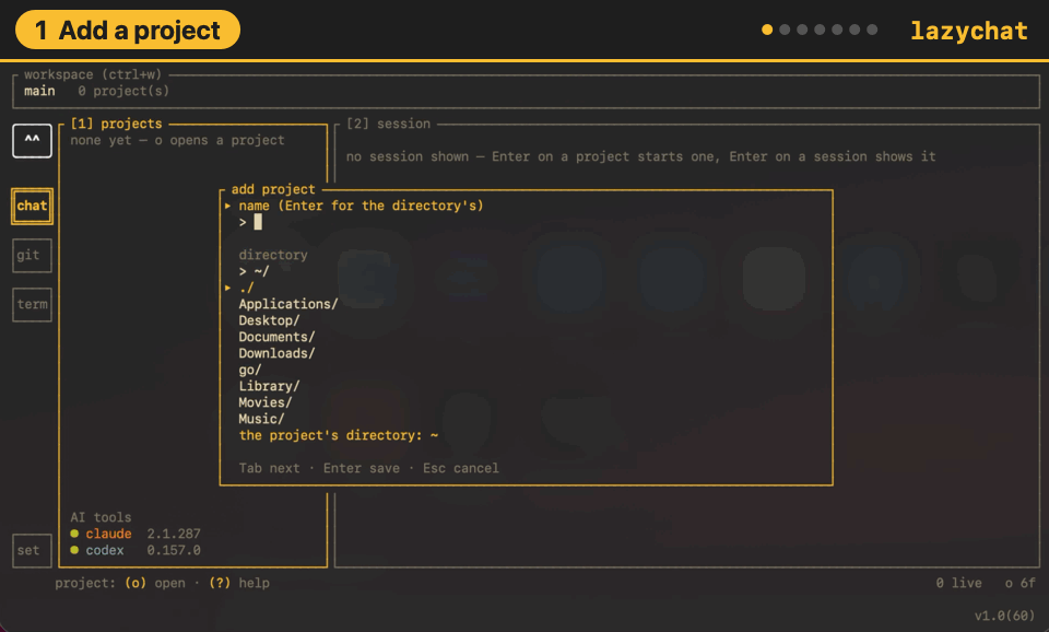lazychat: add a project, start an AI agent, use Git and a shell, and Lazy, the mascot, watching the sessions