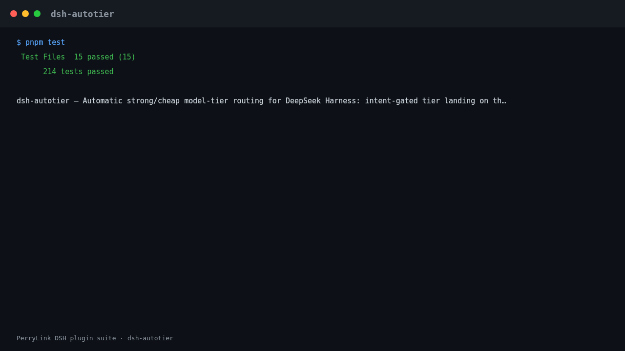 Terminal demo of dsh-autotier: dsh-autotier — install, then the documented tier defaults behind /tier