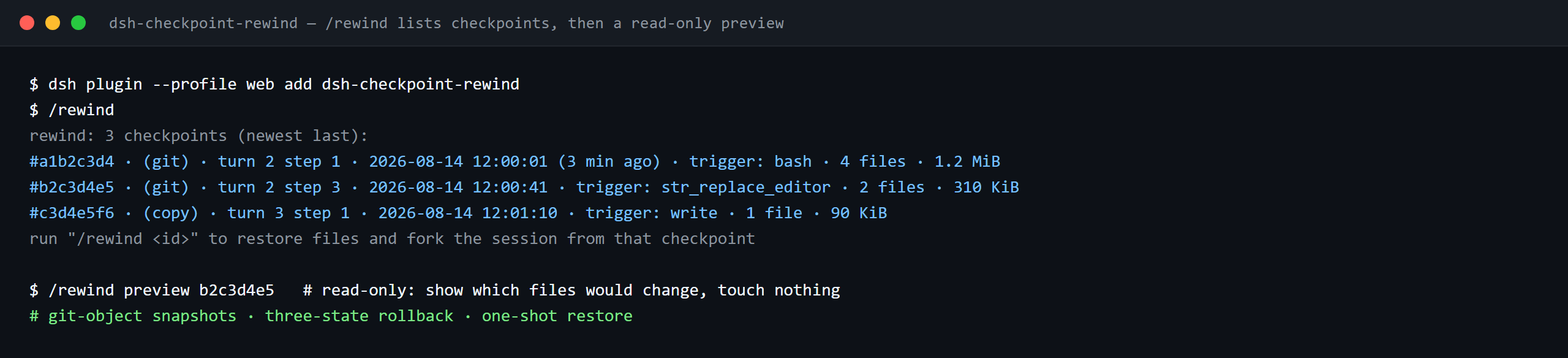 Terminal demo of dsh-checkpoint-rewind: dsh-checkpoint-rewind — /rewind lists checkpoints, then a read-only preview