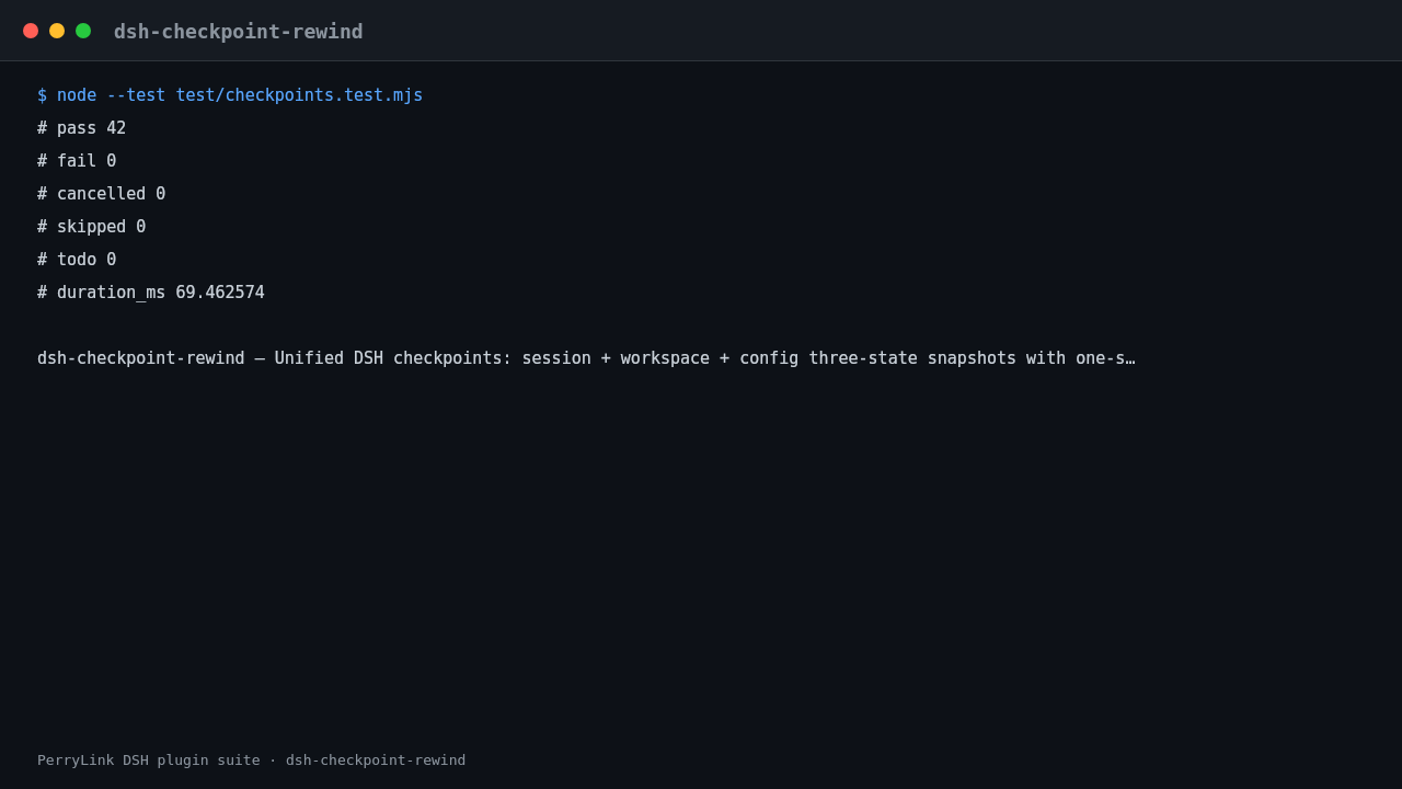 Terminal demo of dsh-checkpoint-rewind: dsh-checkpoint-rewind — /rewind lists checkpoints, then a read-only preview