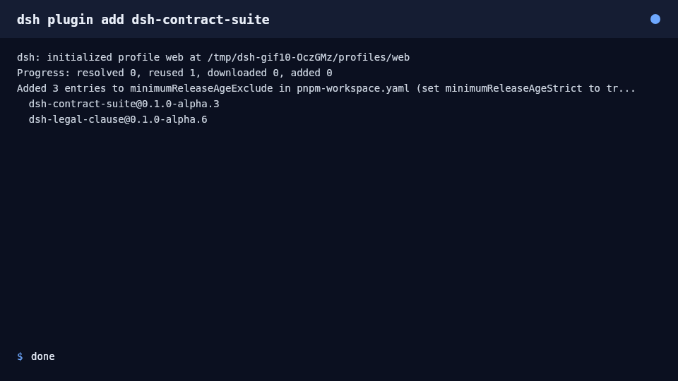 Terminal demo: real dsh-contract-suite install output