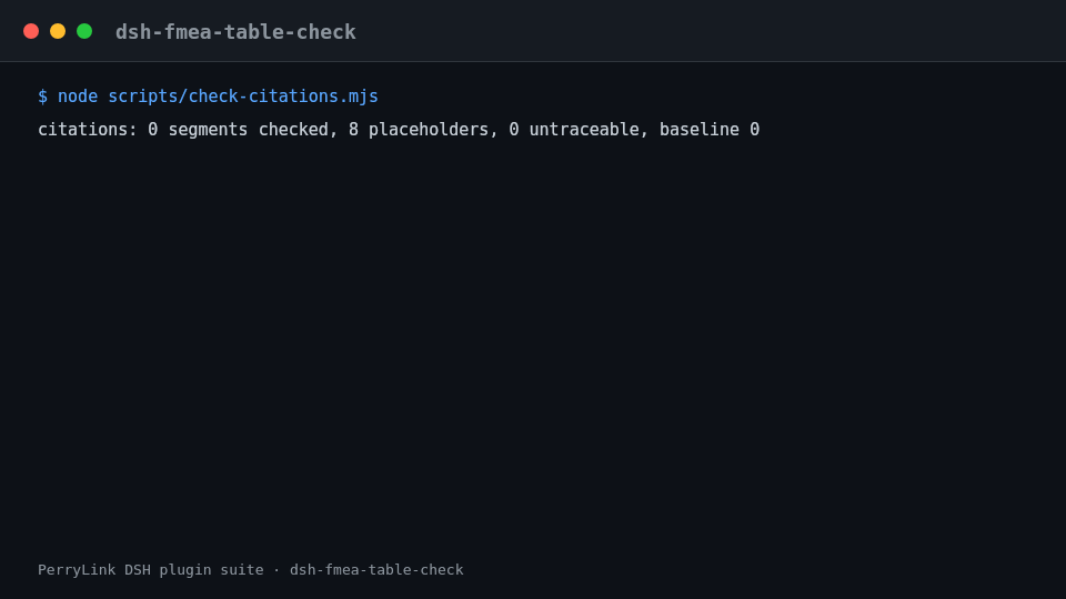 Animated terminal demo of dsh-fmea-table-check