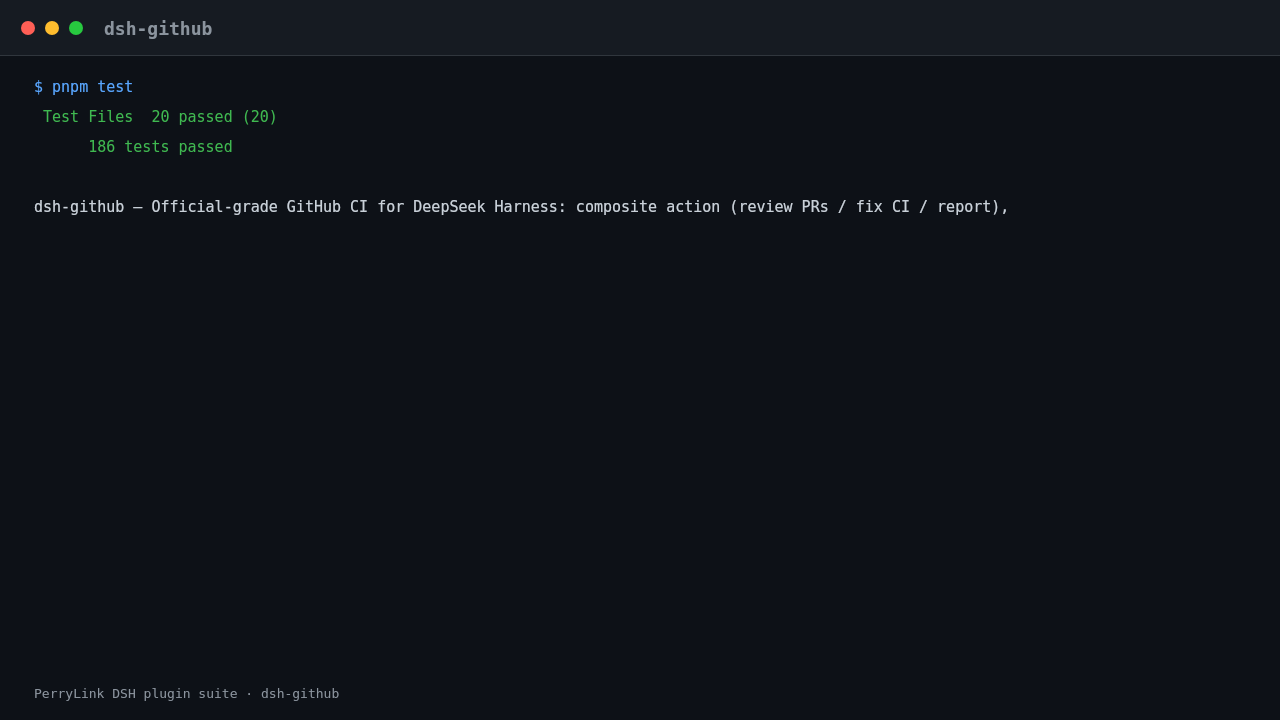 Terminal demo of dsh-github: dsh-github — install, verify the row, check the repo