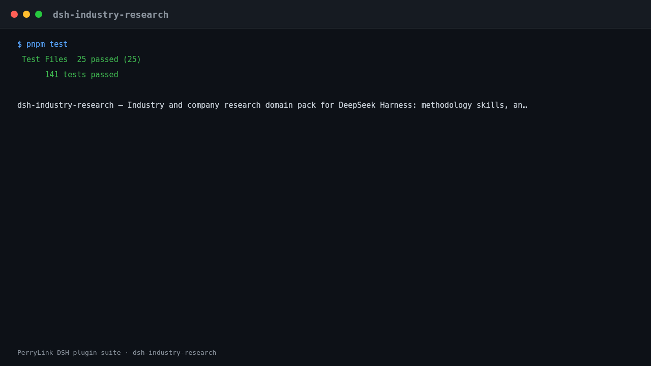 Terminal demo of dsh-industry-research: dsh-industry-research — install, then the three artifacts