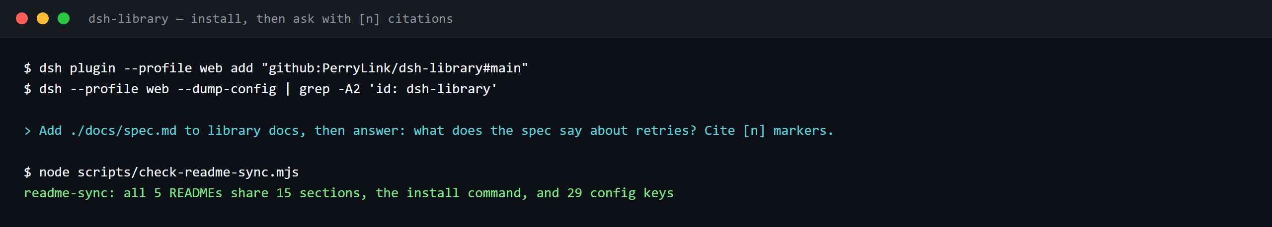 Terminal demo of dsh-library: dsh-library — install, then ask with [n] citations