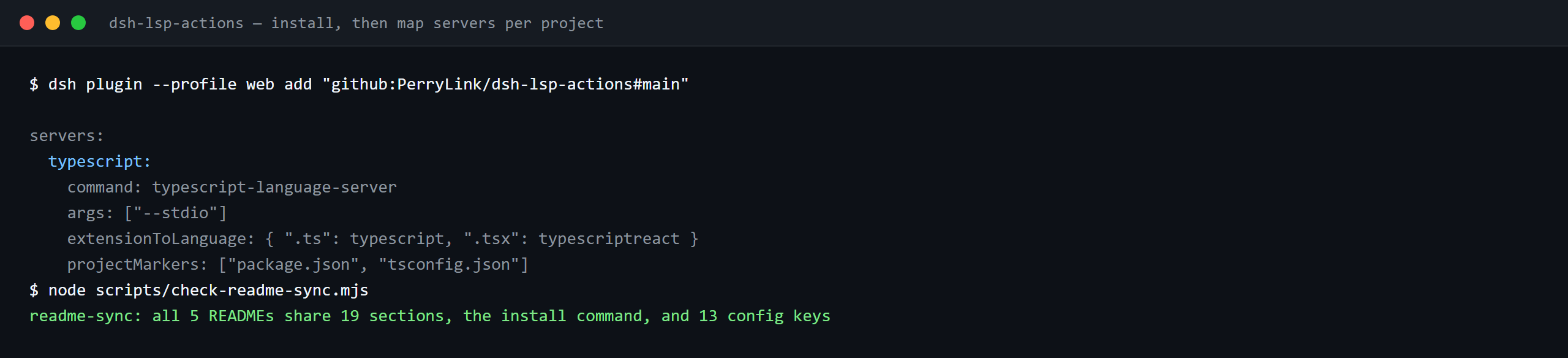 Terminal demo of dsh-lsp-actions: dsh-lsp-actions — install, then map servers per project