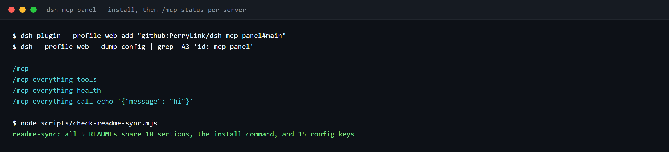 Terminal demo of dsh-mcp-panel: dsh-mcp-panel — install, then /mcp status per server