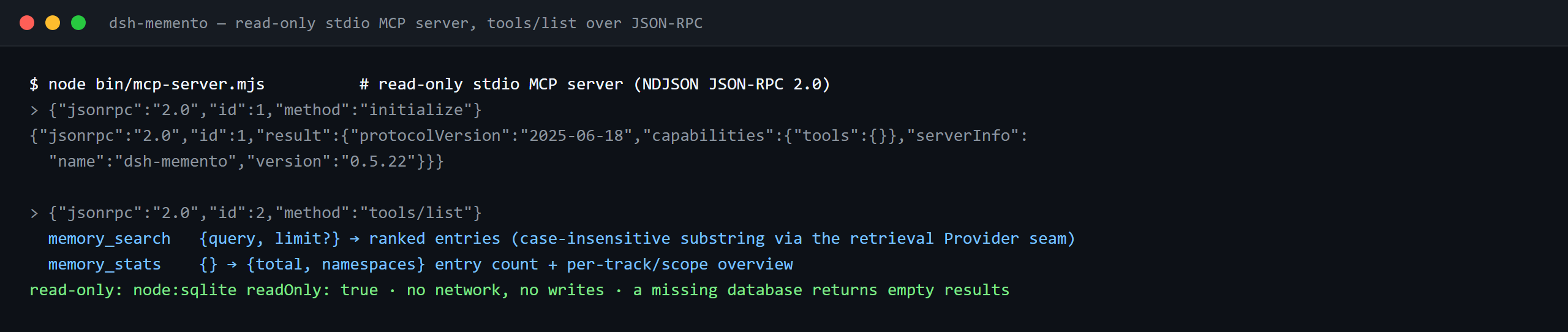 Terminal demo of dsh-memento: dsh-memento — read-only stdio MCP server, tools/list over JSON-RPC