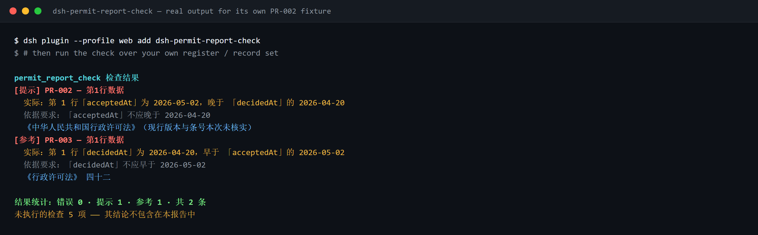 Terminal demo of dsh-permit-report-check: real output over its PR-002 fixture