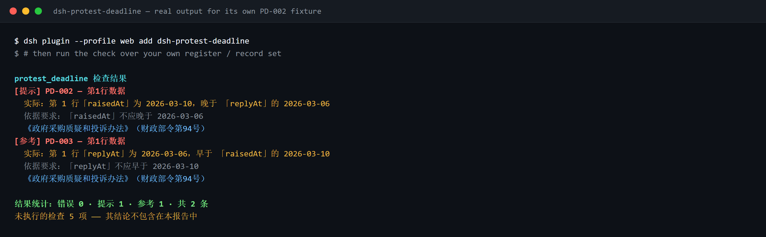 Terminal demo of dsh-protest-deadline: real output over its PD-002 fixture