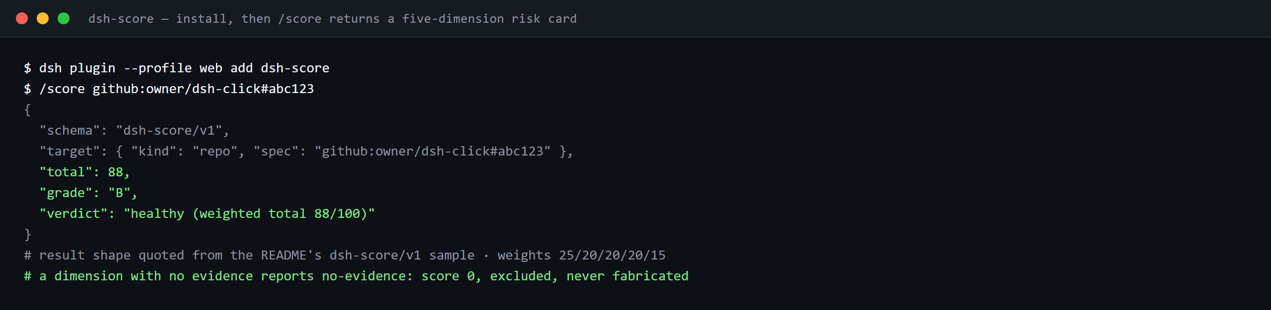 Terminal demo of dsh-score: dsh-score — install, then /score returns a five-dimension risk card