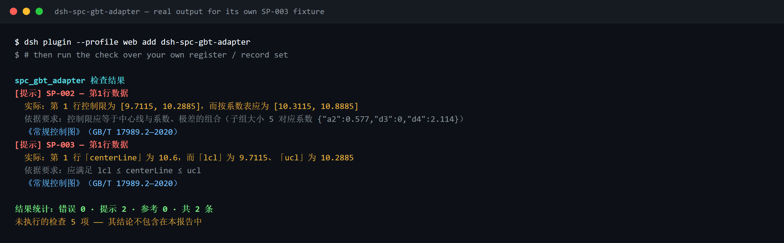 Terminal demo of dsh-spc-gbt-adapter: real output over its SP-003 fixture