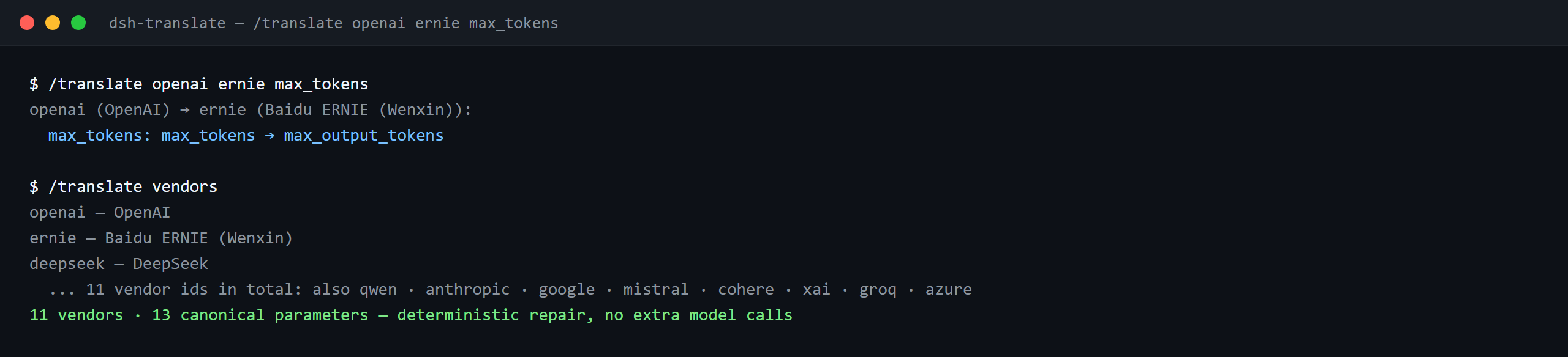 Terminal demo of dsh-translate: dsh-translate — /translate openai ernie max_tokens