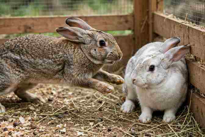 Two rabbits of different breeds resting near each other in an outdoor pen after a successful bonding session