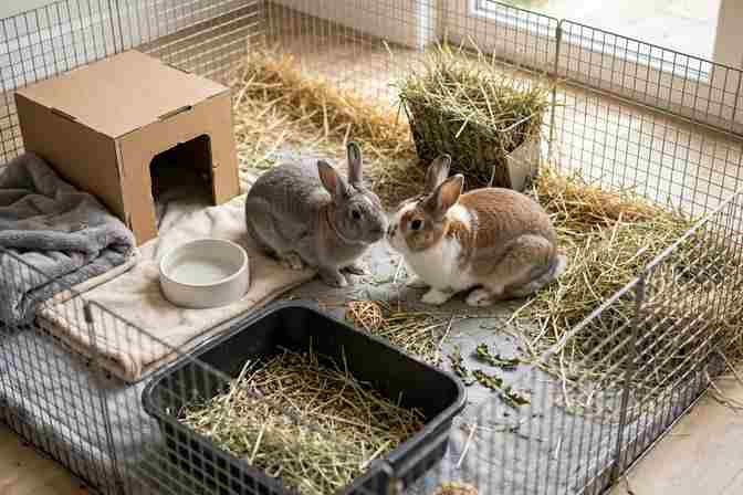 Two rabbits sharing a bonding pen with hay, a hideaway box, and food bowls