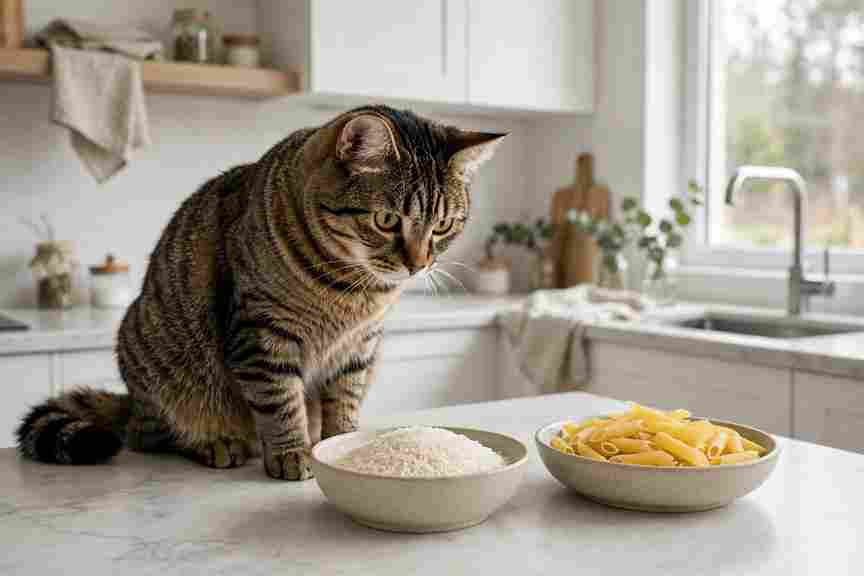 Cat sitting on a kitchen counter next to a bowl of rice and a bowl of dry pasta
