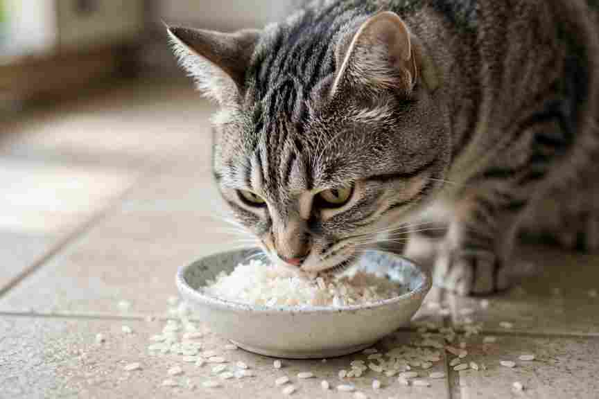 Cat eating rice from a bowl on the kitchen floor