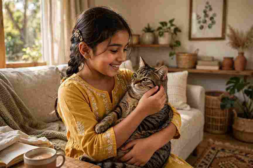 A young girl happily holding her pet cat at home after learning which foods are safe to share