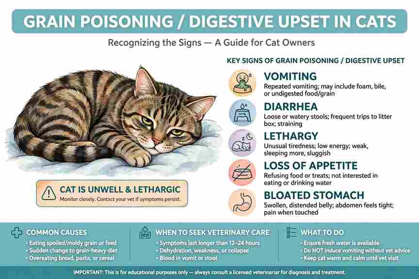 Infographic showing the key signs of grain poisoning and digestive upset in cats, including vomiting, diarrhea, lethargy, loss of appetite, and bloating