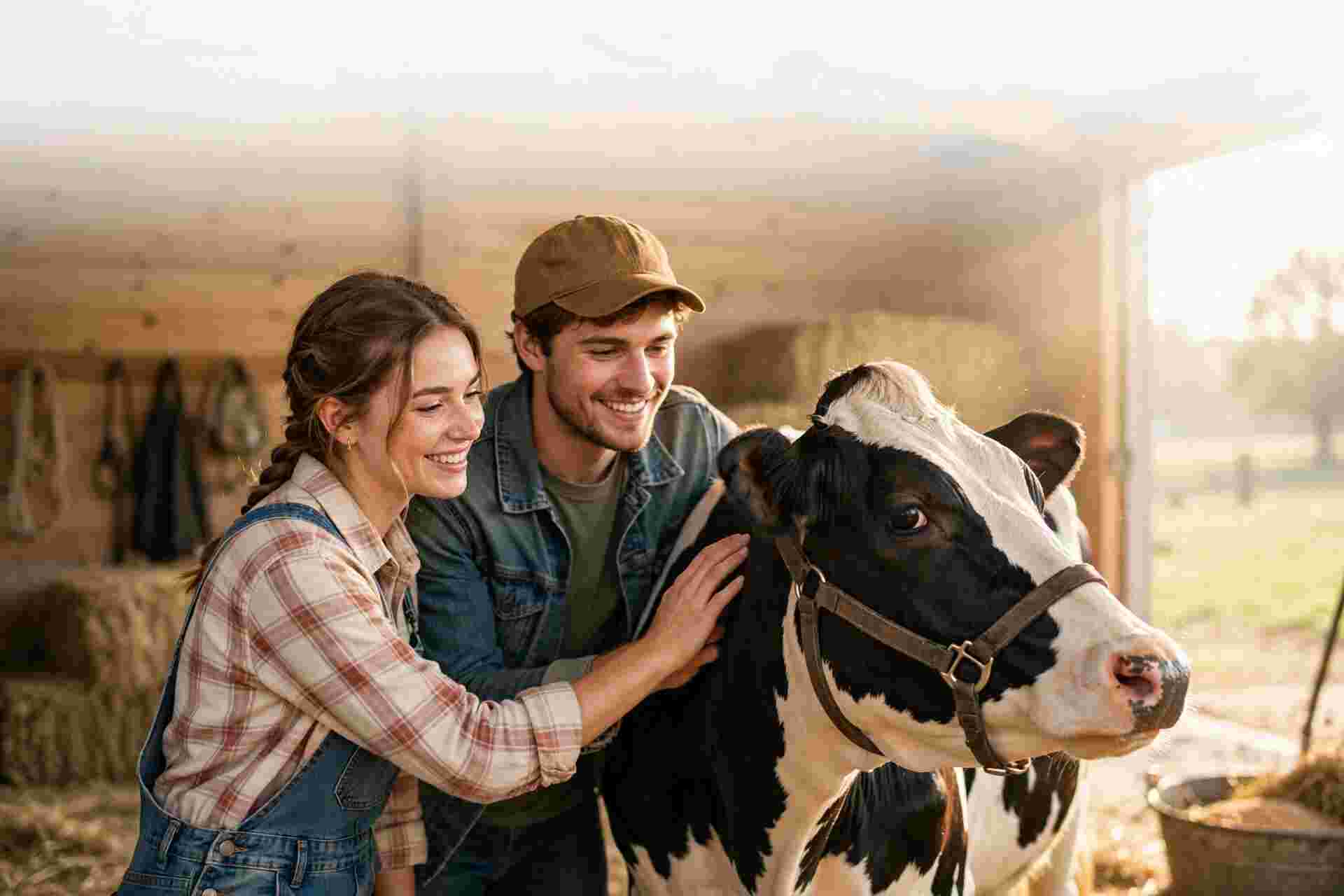 A couple bonding with their dairy cow inside a home barn