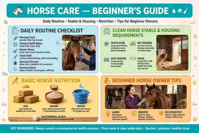 Infographic showing a beginner horse daily routine checklist and stable housing tips