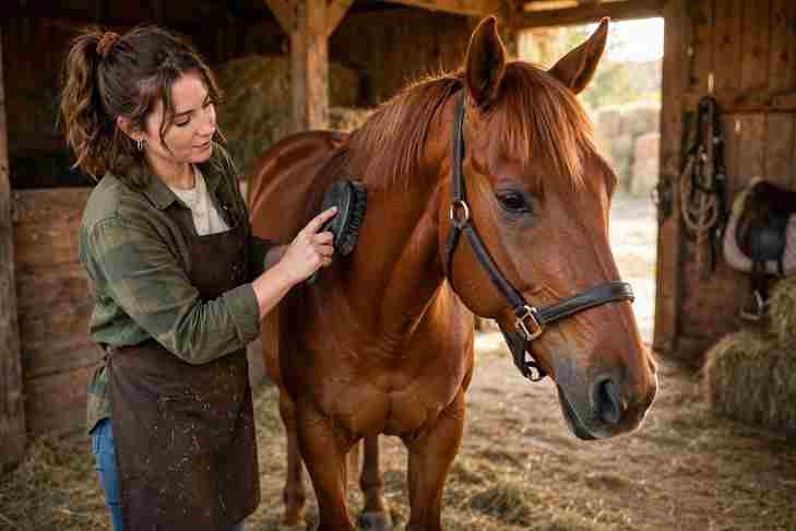 Woman grooming a horse with a brush inside a stable