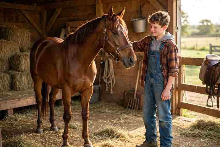 Young first-time horse owner standing with a chestnut horse in a stable