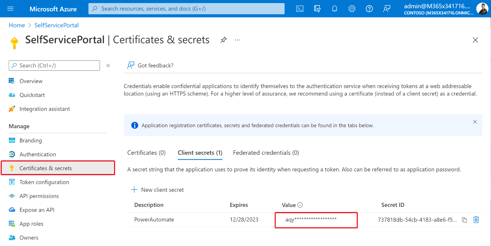 Azure AD App registration secret