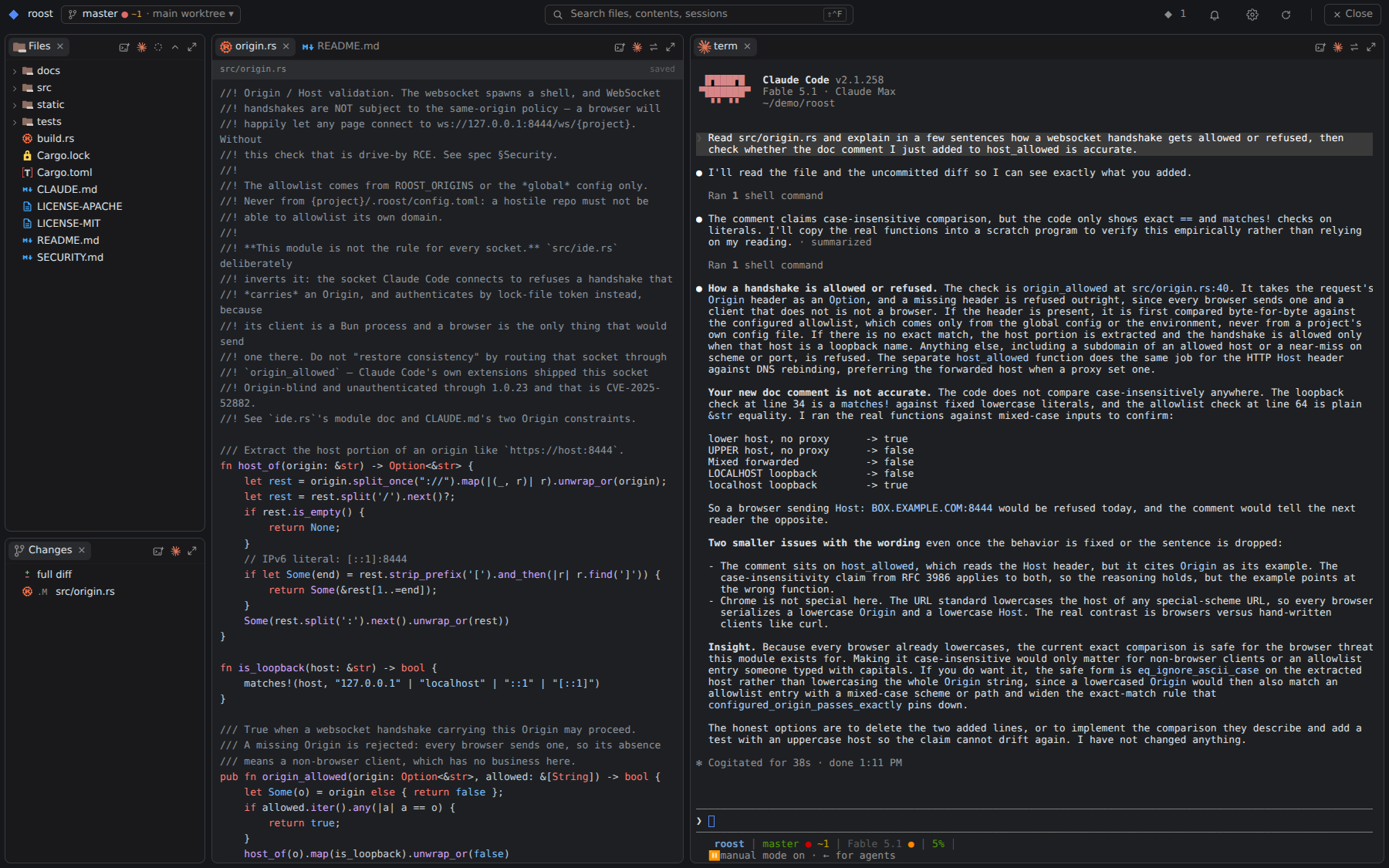roost workspace: file tree and git changes on the left, an editor in the middle, and Claude Code in a terminal on the right reviewing an uncommitted edit