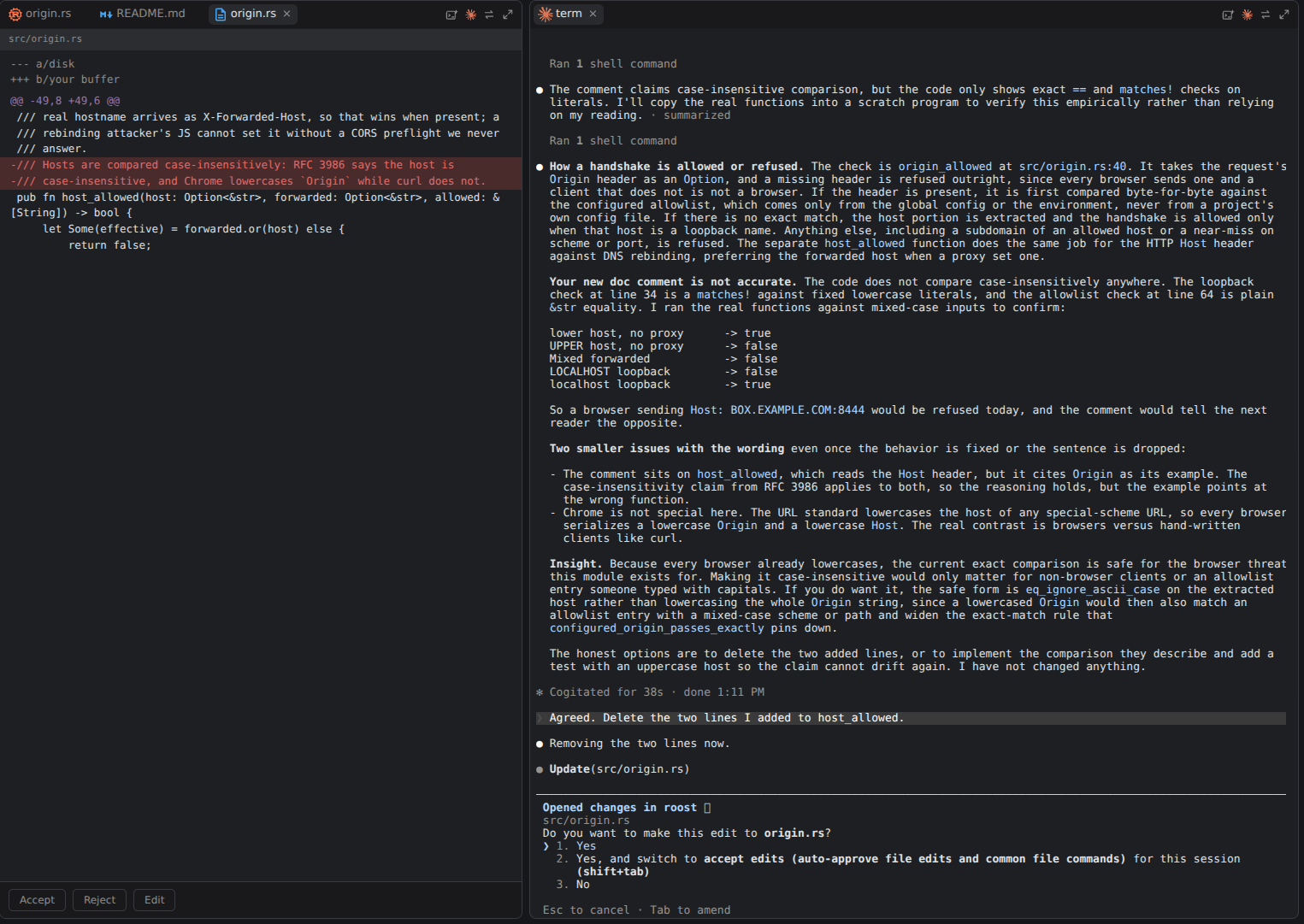 A proposal tab showing the two lines Claude wants to delete, with Accept, Reject and Edit buttons, beside the terminal where Claude is asking for the same approval