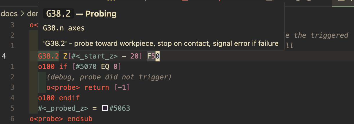 A G-code subroutine file showing O-word sub / if / endif structure with a hover tooltip documenting the G38.2 probe word.