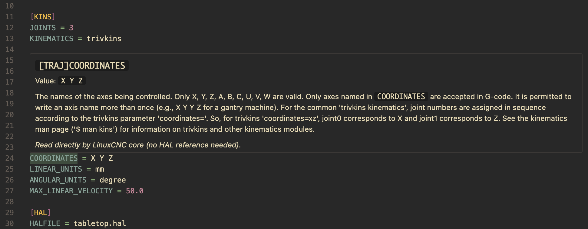 Editor hover tooltip showing LinuxCNC documentation for an INI key.