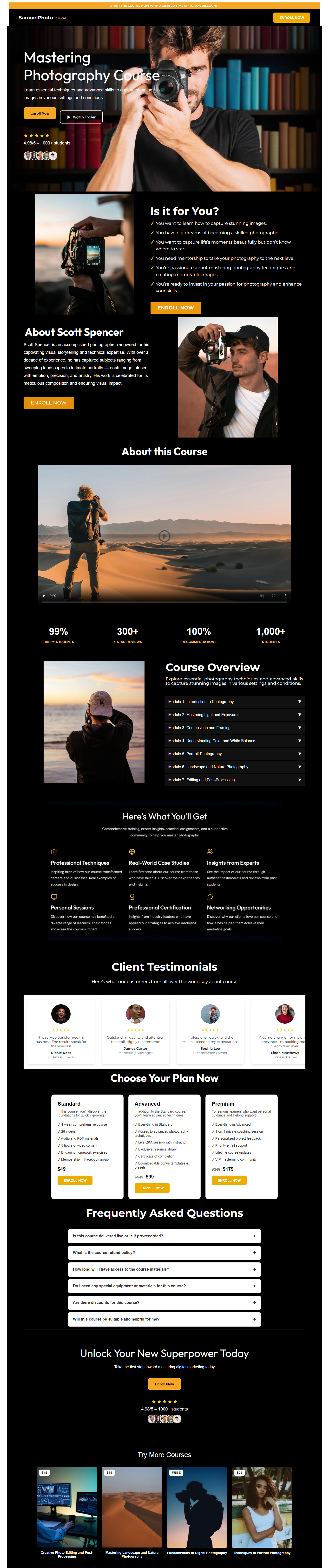 Mastering Photography Course Landing Page Full Screenshot